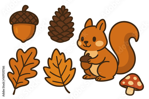 Autumn woodland elements set. Cute cartoon squirrel with acorn, fall leaf, pinecone, mushroom. Kawaii forest animal character collection for seasonal design. Vector illustration.