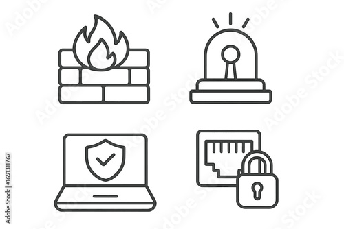 Cybersecurity linear icon set. Firewall, intrusion alarm, secure port and VPN computer protection symbols. Network data security and privacy outline vector graphic collection.