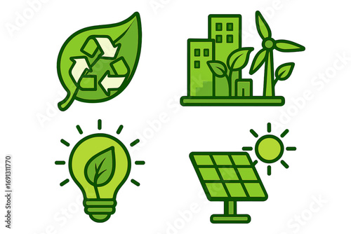 Set of green technology and sustainability icons. Eco-friendly symbols for renewable energy like solar and wind power. Recycling, green city, and ecology ideas vector illustration.
