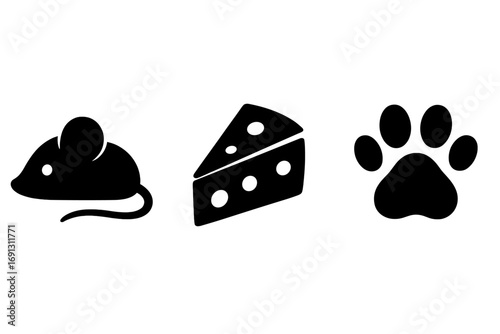 Mouse, cheese and paw print icon set. Minimalist silhouette vector graphics. Simple black symbols for pet shop, food or animal concepts. Flat design collection illustration.