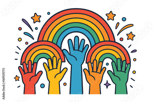 Colorful hands and vibrant rainbows symbolize unity, diversity, and community. Vector cartoon for pride month celebration. LGBT concept of support, love, and togetherness.