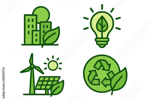 Green technology icon set for sustainability. Eco-friendly symbols for renewable energy like solar and wind power, recycling, and green city. Vector cartoon illustration.