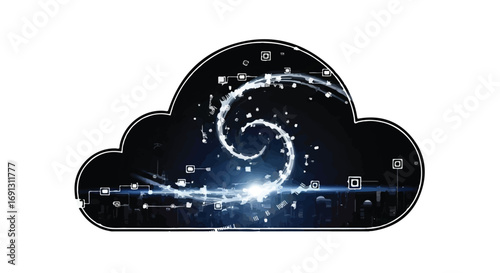 Abstract digital cloud with swirling light and data elements representing technology and connectivity