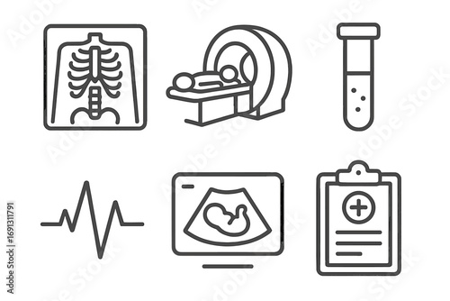Medical diagnostics icon set with linear icons for radiology, mri scan, lab test tube, heartbeat ekg, pregnancy ultrasound, and health report. Vector graphic illustration.