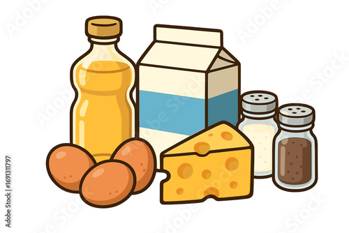 Grocery items food staples. Cooking ingredients set collection. Vector cartoon illustration of oil, milk, eggs, cheese, salt, pepper. Healthy eating nutrition concept.