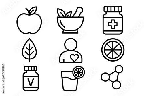 Health and wellness outline icon set for a healthy lifestyle. Vector collection of organic, herbal, vitamin, and supplement symbols. Nutrition, diet, and self-care concepts.
