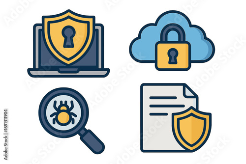Cybersecurity and data protection icon set. Cloud computing security, virus scan, and document privacy symbols. Vector graphic for technology and internet safety concepts.