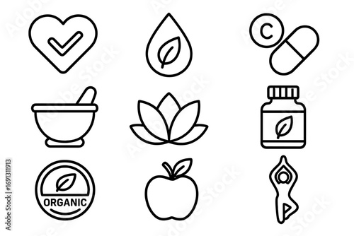 Health and wellness outline icon set. Vector collection of organic, herbal, and vitamin symbols for a healthy lifestyle. Yoga, nutrition, and natural supplements concept.