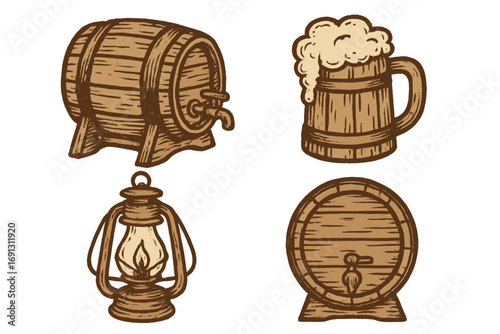 Hand-drawn rustic beer festival icon set. Vintage wooden barrel, foamy mug, and old lantern cartoon vector illustrations. Perfect for Oktoberfest, pub menu, brewery design.