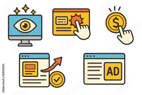 Digital marketing icon set vector cartoon. Advertising metrics: impressions, CTR, CPC, PPC. Pay per click & conversion rate optimization for online business & website ROI.