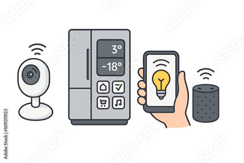 Smart home automation vector icon set. IoT devices concept illustration. Security camera, smart fridge, phone control and speaker. Internet of things technology for modern life.