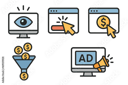 Digital marketing icon set for web analytics. Vector concepts like impressions, click-through rate CTR, pay-per-click CPC, conversion funnel, and online advertisement.