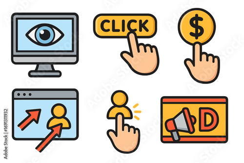 Digital marketing icons set. Impressions, ctr, cpc, conversions, advertisement. Pay per click. User acquisition. Website traffic. Online promotion. Vector cartoon illustration.