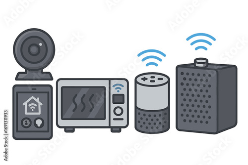 Smart home devices vector icon set. IoT technology with security camera, voice assistant, smart speaker, microwave oven, and control panel. Home automation system concept.