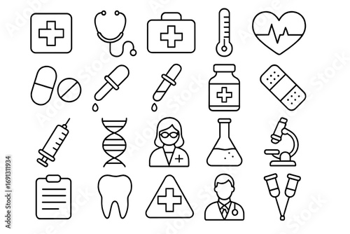 Healthcare and medicine line icon set. Medical and pharmacy symbols collection. Vector illustration for hospital, clinic, and emergency services. Health and science design elements.