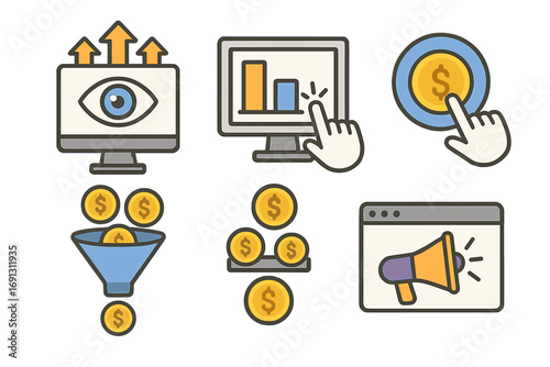 Digital marketing icons set. Impressions, CTR, CPC, conversions, and advertisement concepts. Vector cartoon illustration for pay-per-click, ROI, and sales funnel analysis.