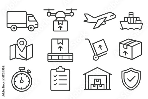 Logistics and transportation linear icon set. Shipping and delivery service concept. Cargo and freight industry symbols. Includes truck, drone, plane, ship, warehouse, tracking.