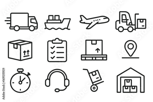 Logistics and transportation line icon set. Shipping, delivery service. Cargo freight by truck, ship, air. Warehouse, storage, forklift. Package tracking, support. Vector.