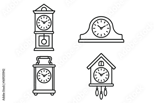 Set of antique clock icons. Grandfather, mantel, carriage, cuckoo clocks. Outline vector line art illustration. Classic vintage old-fashioned timepiece pictogram symbols.