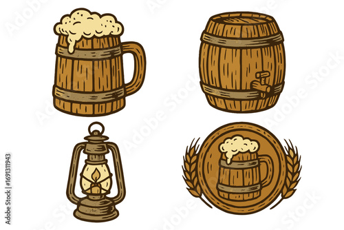 Rustic beer festival symbol collection in hand-drawn vintage style. Wooden mug, barrel, lantern, and wheat logo. Craft beer brewery pub icons for Oktoberfest. Vector set.