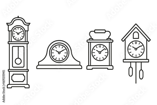 Antique clock line icon set. Grandfather clock, mantel clock, carriage clock, cuckoo clock. Vintage timepiece outline collection. Vector linear symbol illustration.