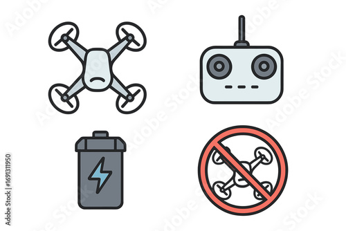 Drone icon set featuring quadcopter, remote controller, battery, and no-fly zone symbol. Vector collection of UAV technology, flight control, and aerial vehicle signs.