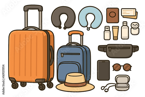 Travel essentials and vacation accessories set. Cartoon vector illustration of luggage, neck pillow, passport, tickets, hat, and sunglasses for a holiday journey preparation.