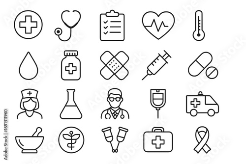 Healthcare and medicine line icon set. Medical and pharmacy symbols collection. Vector illustration of doctor, nurse, ambulance, first aid, heart, cross, syringe, pills.