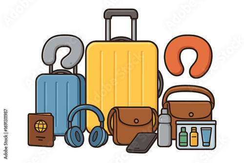Travel essentials for journey, vacation, trip. Luggage, suitcase, neck pillow, passport, headphones, bag and accessories for packing. Tourism and adventure concept vector.