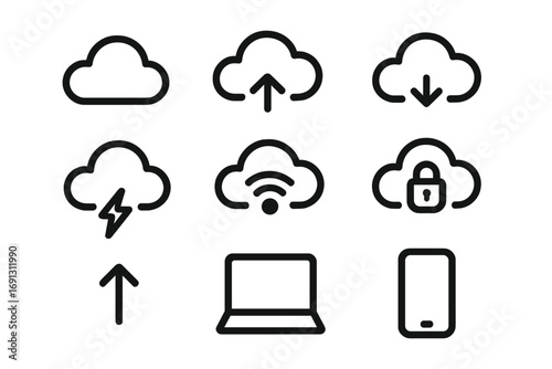 Cloud computing technology icon set. Minimalist line art for UI UX design. Vector symbols for upload, download, security, connection, data storage, server, mobile, and web app.