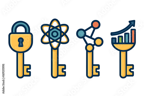 Key concepts vector icon set. Metaphor for access to success. Padlock for security, atom for science, network for data, and chart for business growth. Flat design illustration.