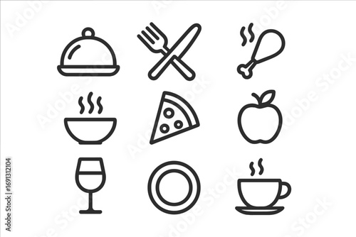 Food and dining icon set. Minimalist line art symbols for restaurant menu, cafe, web. Vector pictogram collection with pizza, coffee, wine, soup, cutlery, and fruit.