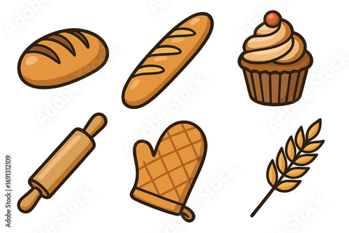 Baking icons set with bread, baguette, cupcake. Bakery cartoon illustration. Kitchen collection with rolling pin, oven mitt, wheat ear. Pastry food dessert vector symbols.