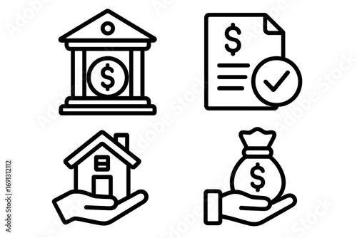 Banking and loan financial icon set in outline style. For lending, credit approval, and mortgage concepts. Vector illustration for business, finance, and investment payments.