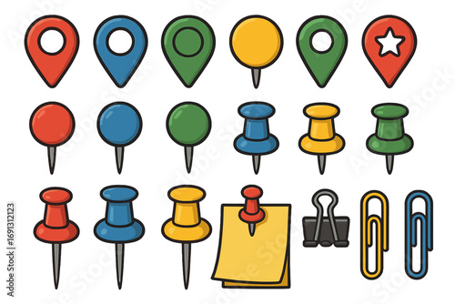 Set of map pins, pushpins, and office supplies. Vector cartoon icons for location, navigation, and organization. Collection of thumbtacks, paper clips, and sticky notes.