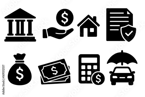 Banking loan and finance icon set. Solid glyph symbols for credit, investment, savings, mortgage, payment, car and home insurance. Vector financial services concept.