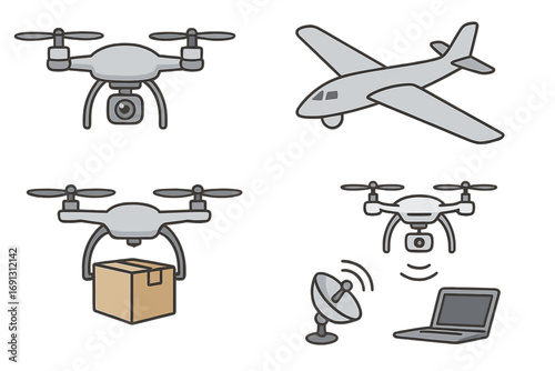 Drone icon set vector. Quadcopter with camera for surveillance and drone delivering a package. Unmanned aerial vehicle technology for logistics, photography and remote control.