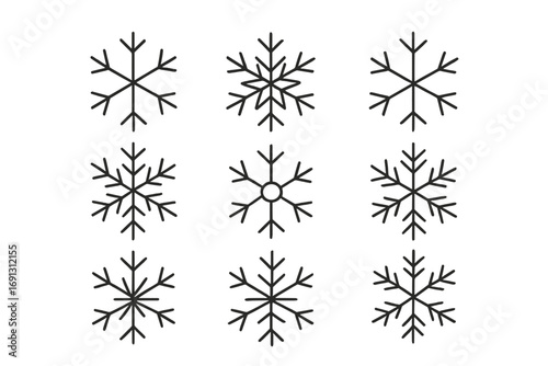 Snowflake line icon set. Winter season symbol collection. Simple minimal vector graphic for Christmas holiday card. Editable stroke frost crystal pictogram for app or web design.