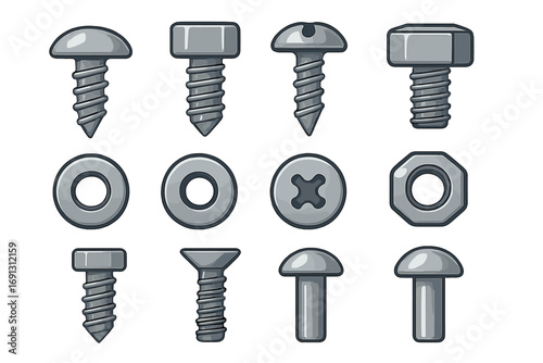 Set of metal hardware tools. Screws, bolts, nuts, washers, and rivets collection. Metallic fastener icons for construction and repair industry. Vector cartoon illustration.