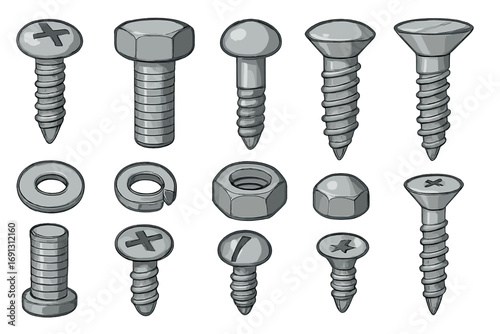 Vector set of metal screws, bolts, nuts, and washers. Hardware fasteners for construction and repair. Cartoon illustration of various metallic tools and equipment.