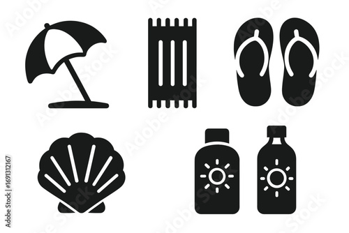 Beach icon set for summer vacation. Solid glyph collection with sun umbrella, towel, flip flops, seashell, sunscreen. Sun protection and seaside holiday travel elements.