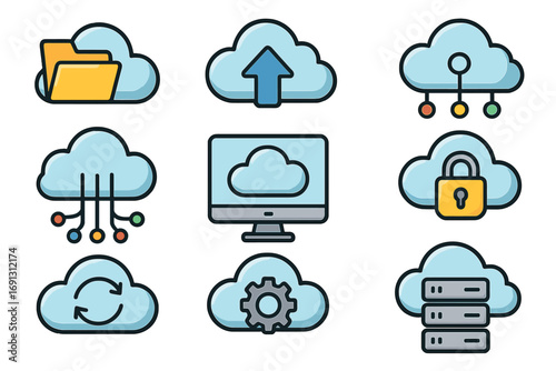 Cloud computing icon set. Data storage, server hosting, network security & file sync. Technology service & application symbols for web & mobile. Vector cartoon illustration.