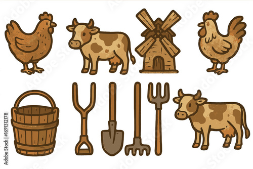 Farm icon set vector cartoon. Rustic country agriculture collection. Cow, chicken, rooster, windmill, farming tools. Hand-drawn sticker pack for rural barn design.