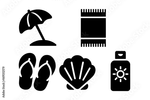 Beach icon set glyph style. Summer vacation essentials solid fill icons. Vector collection with sun umbrella, towel, flip flops, seashell, sunscreen for travel design.