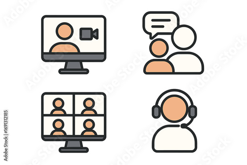 Video conference icon set for business communication. Virtual meeting and online webinar symbols. Remote work and team collaboration icons. Group call, chat, and support.