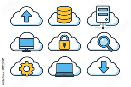 Cloud computing icon set. Data storage, server hosting, and network technology symbols. Digital service for upload, download, database management, and security. Vector icons.