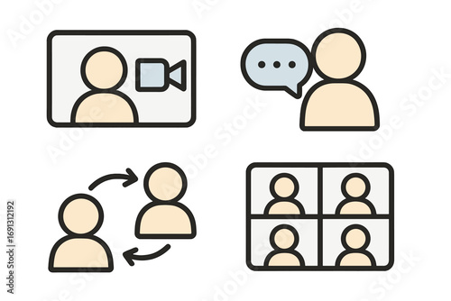 Video conference icon set. Minimalist vector icons for online meetings, virtual communication, remote work, and webinars. Symbols for business chat, team collaboration, and user interface design.