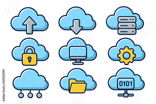 Cloud computing icon set for data storage, server, security, networking. Vector illustration for technology, business, apps, web services. Digital upload, download concept.