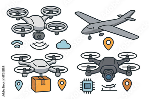Drone technology vector icon set. Quadcopter with camera, delivery drone with package, military UAV. Unmanned aerial vehicle illustration for surveillance, logistics, and tech.