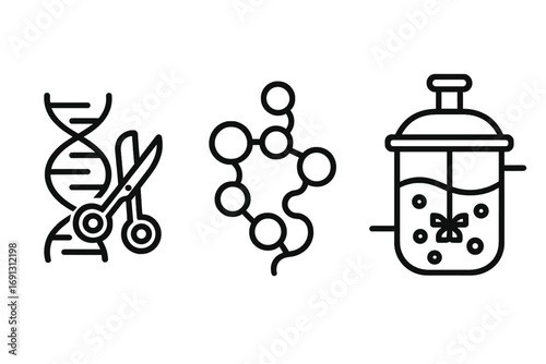 Biotech icon set showing gene editing, protein molecule, and bioreactor. Vector line art for biotechnology, genetic engineering, DNA modification, and scientific research.